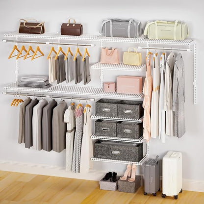 Wire Closet Organizer System, Wall Mounted 8.7 Ft. Custom Closet Kit for Bedrooms Laundry Mudroom Garage Basement, Adjustable Storage Shelves for Clothes Shoes Handbags