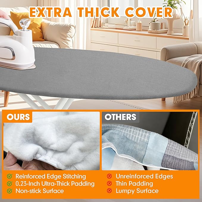 Ironing Board Cover and Pad, 21x54 Extra Large Thick Iron Padding, Scorch & Stain Resistant Ironing board cover, Heavy Duty Iron Board Padded with Adjustable Fasteners Durable Elastic Edge, Grey