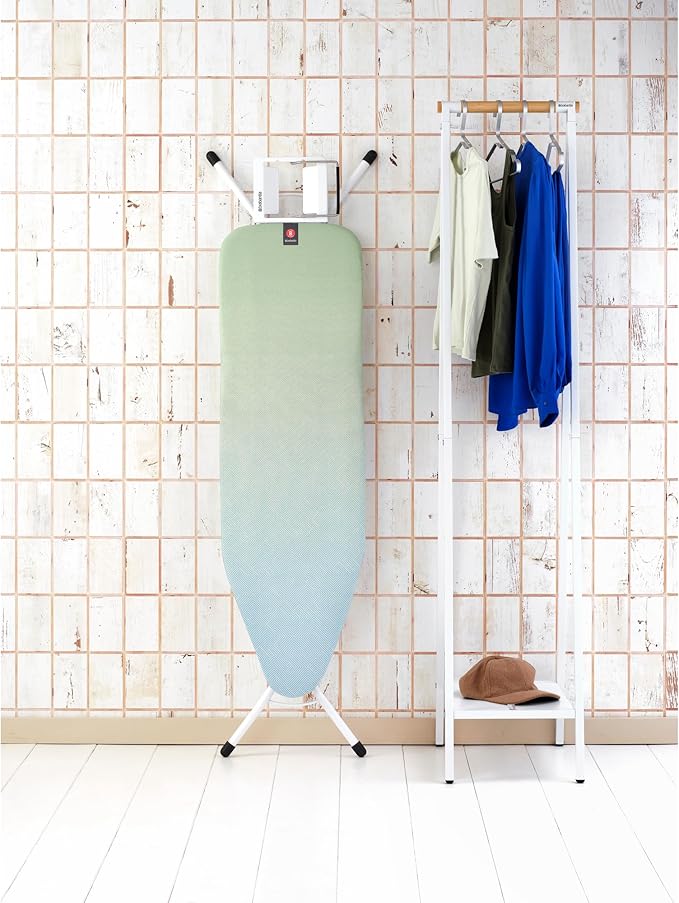 Brabantia - Ironing Board B – Flexible Iron Rest – Adjustable Height – Non-Slip Rubber Feet – 100% Fairtrade Cotton Cover with Foam Padding – Foldable – Soothing Sea – Size B (49 x 15 in)