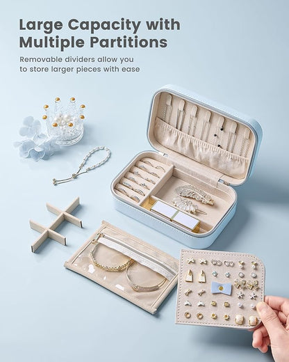 Lolalet Travel Jewelry Case for Women Girls, Travel Jewelry Organizer with Clear Storage Bag Small Portable Jewelry Box for Necklace Bracelet Earring Ring Birthday Bridesmaid Gifts -Medium/Blue