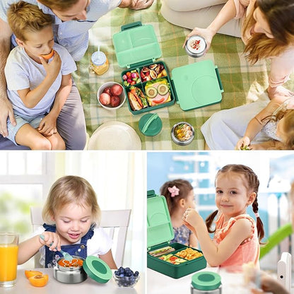 Bento Lunch Box Set for Kids with 8oz Soup Thermo, Leak-Proof Lunch Containers with 4 Compartment, Kids Thermo Hot Food Jar and Insulated Lunch Bag for Kid to School-Green