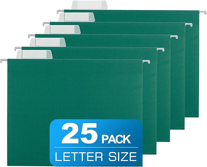 25 Packs Hanging File Folders Green,Letter Size 8.5x11, Hanging File Folders with 1/5-cut Tabs,File Folders for Filing Cabinet,Ideal Office,School Classroom Supplies