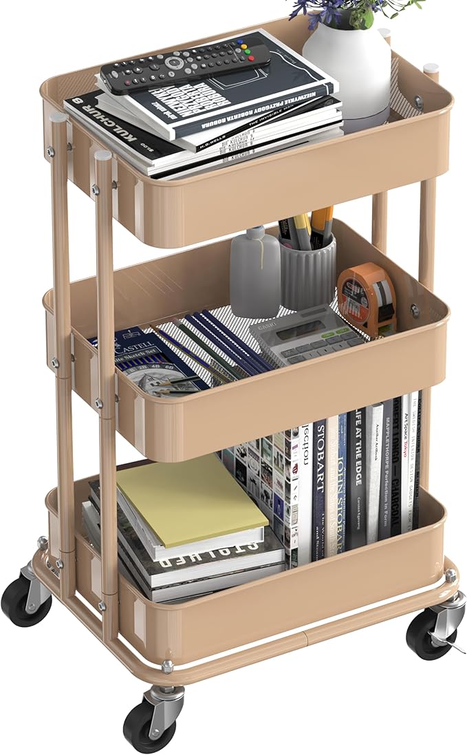 Simple Houseware 3-Tier Compact Utility Rolling Cart, Low 24” Height Fits Under Desk, Space-Saving Storage for Home Office, Dining Room, or Kitchen, Khaki