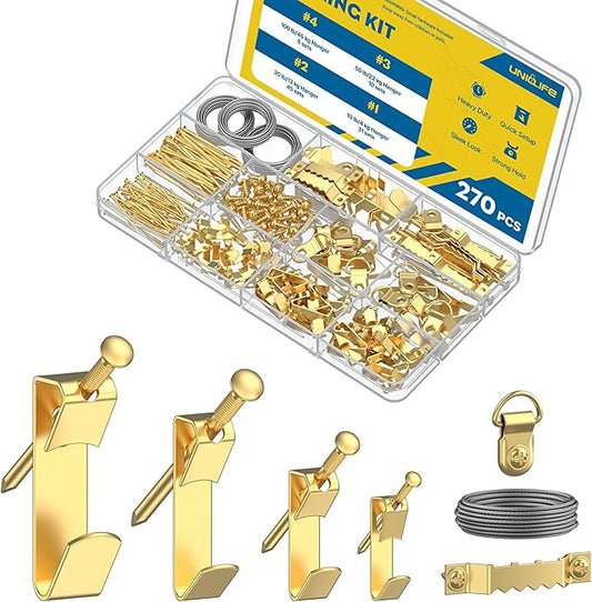 Uniclife 270 Pcs Heavy Duty Picture Hanging Kit, 10 lb, 30 lb, 50 lb, 100 lb Picture Hanging Hooks with Nails, D Ring Picture Hangers Sawtooth Picture Hangers & Picture Hanging Wires with Screws