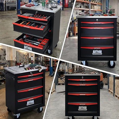 4-Drawer Rolling Tool Chest with Stainless Steel Countertop,Tool Chest with Secure Locking System,Mobile Storage Tool Cabinet with 360°Wheels and Padded Feet,for Home,Garage (Black+Red)