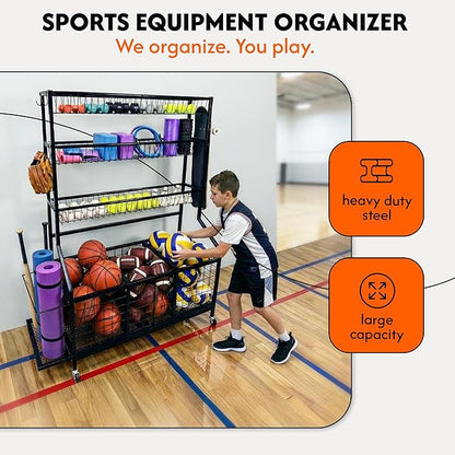 AMPLY Sports Equipment Organizer, Rolling Sports Ball Storage Garage Rack with Large Ball Bins, Side Bat Grid and Multi-Tier Shelves, Steel Rust-Resistant Gear Cart for Families, Schools, Gyms