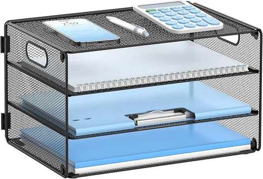 Daltack 3-Tier Paper Organizer with Handle, Mesh Desk Organizer Letter Tray, Paper Tray Organizer File Organizer for A4 File Folder, Black, 2 Pack