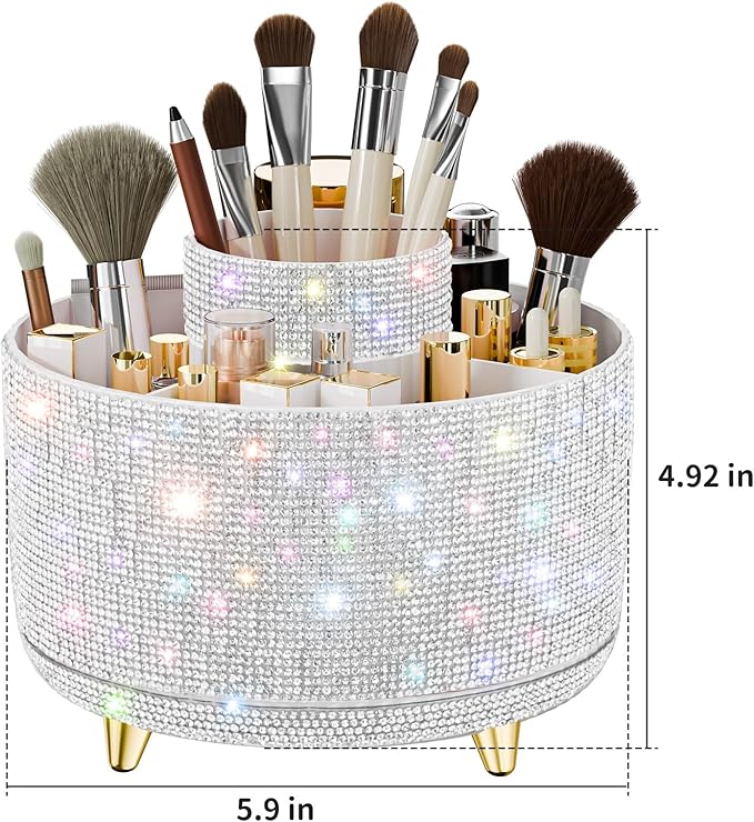 Bling Diamond Makeup Brush Holder, 360° Rotating Makeup Organizer, 5 Slot Make up Brushes Cup for Countertop, Storage for Cosmetics Pen Eyeliner Skincare on the Vanity (Diamond white)