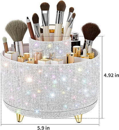 Bling Diamond Makeup Brush Holder, 360° Rotating Makeup Organizer, 5 Slot Make up Brushes Cup for Countertop, Storage for Cosmetics Pen Eyeliner Skincare on the Vanity (Diamond white)