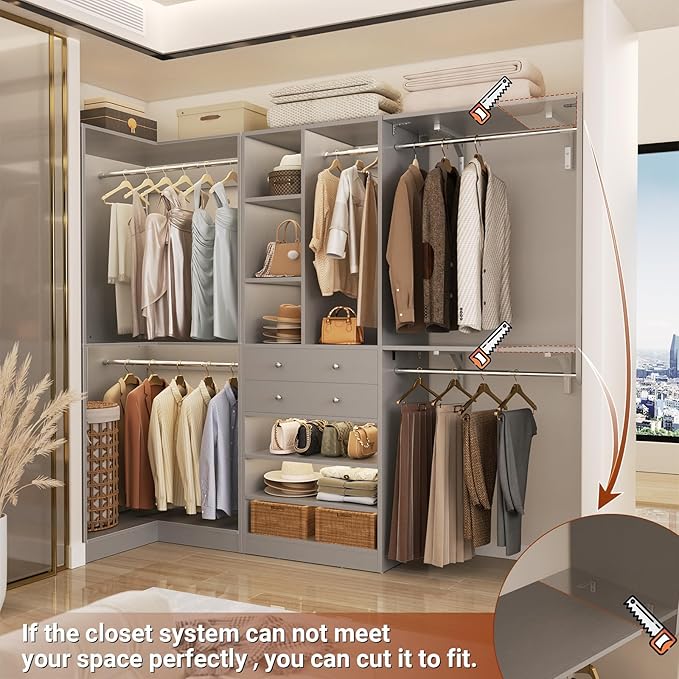 Closet System with 2 Drawers, 5 Hanging Robs, 4 Adjustable Shelves, 90.5"*31.5" Closet Organizer System with Corner Tower, L-shape Walk-in Closet System, Corner Closet System Set of 2, Morandi Grey