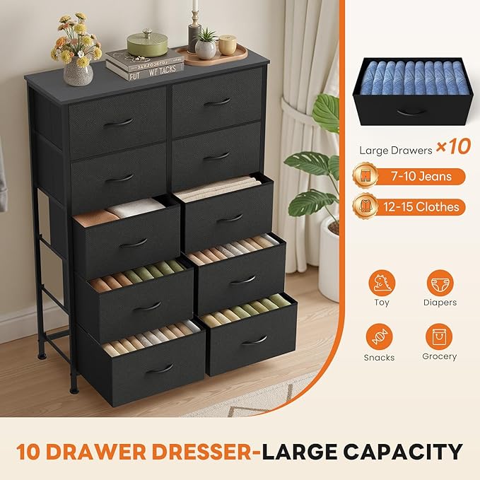 Sweetcrispy 10 Drawer Fabric Dresser Storage Tower with Bins, Tall Chest Organizer for Bedroom Closet Hallway, Steel Frame Wood Top Easy Pull Handles,Black