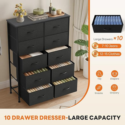 Sweetcrispy 10 Drawer Fabric Dresser Storage Tower with Bins, Tall Chest Organizer for Bedroom Closet Hallway, Steel Frame Wood Top Easy Pull Handles,Black