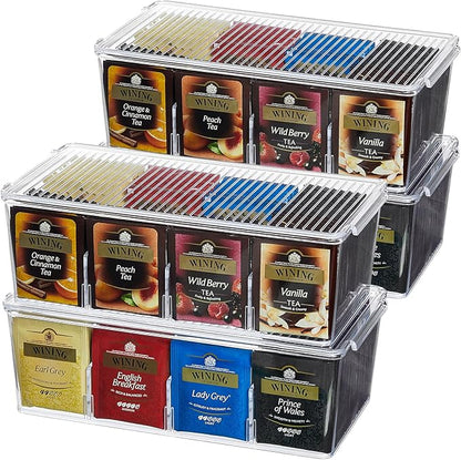 Lifewit Tea Bag Organizer with lids, Plastic Teabag Box with 32 Compartments, Stackable Divided Storage Containers for Cabinet, Pantry, Countertop, Hold Coffee Pods, Sugar Packets, Clear, 4 Pack