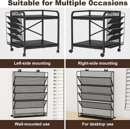 EasyCom Large Printer Stand with File Holder Organizer, Adjustable Height Shelf with Wheels, Rolling Printer Cart with Storage for Printer Scanner Fax Home Office Use Black