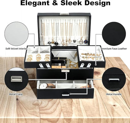 Dajasan Jewelry Organizer Box, Large Jewelry Boxes for Women Girls, Compact 3 Layers Jewelry Storage Case with Drawer, Movable Metal Stand, Modern, Gift Idea (Black)