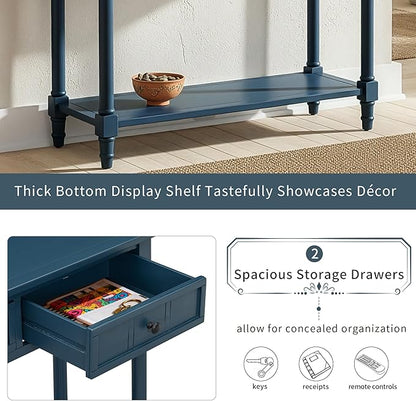 35.34" Console Table Traditional Design with Two Drawers and Bottom Shelf,Dark Navy