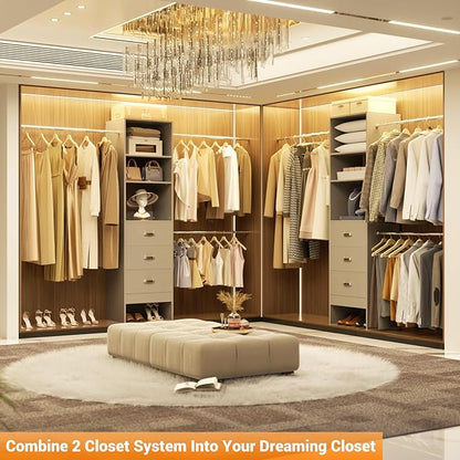 Homieasy 96 Inches Closet Organizer System, 8FT Customizable Walk In Closet Organizer with Hanging Rods, 3 Drawers Garment Rack with Leather Handle , 96" L x 16" W x 75" H, Max Load 1000 LBS, Grey