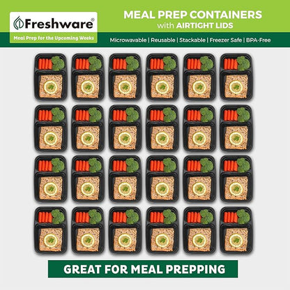 Freshware Meal Prep Containers [15 Pack] 2 Compartment with Lids, Food Storage Containers, Bento Box, BPA Free, Stackable, Microwave/Dishwasher/Freezer Safe (28 oz), Black