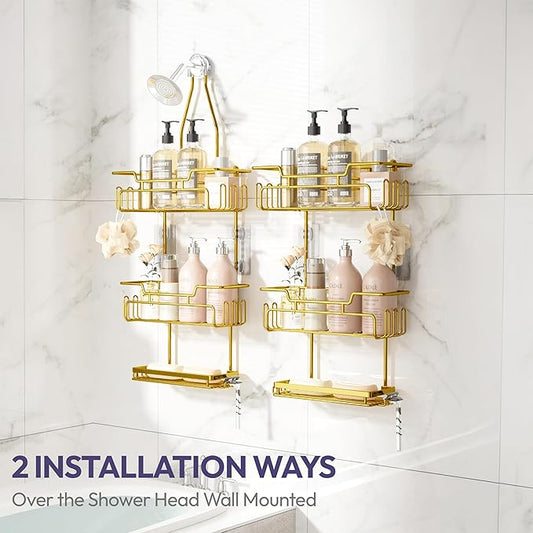 SWTYMIKI Bathroom Shower Caddy Hanging - 3 Tier Rustproof Over Shower Head Organizer, No Drilling Bathroom Shelf with 16 Hooks & Soap Holder, Anti-Swing Rack for Shampoo,Sponge,Towel, Gold