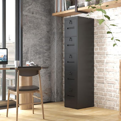 5 Drawer Metal File Cabinet with 5 Unique Locks Black Heavy Duty Locking File Cabinets Home Office Steel Filing Cabinet Vertical File Cabinets for Legal/Letter Size File,Assembly Required