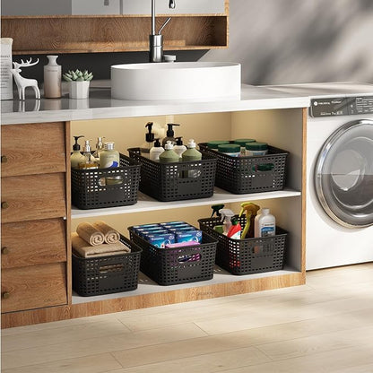 Plastic Storage Basket with Lids 12 Pack Stackable Black Storage Bins Containers with Lid, Decorative Storage Boxes for Organizing Shelves, Drawers, Playroom, Classroom, Office, Closet