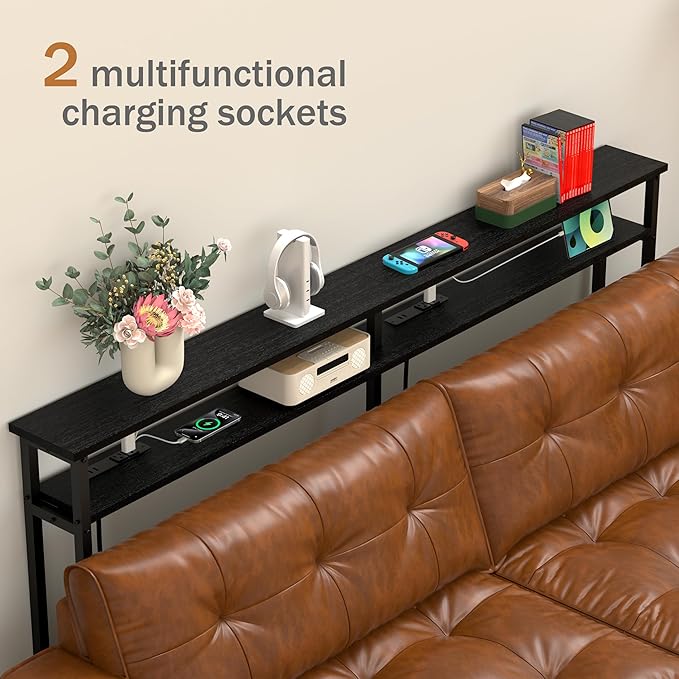 70 Inch Double-Layer Narrow Console Sofa Table with 2 Power Outlets &4 AC Plugs&4 USB Ports, 4.9' Extension Cord Included, Behind Couch Table for Living Room/Office Easy Assembly - Black
