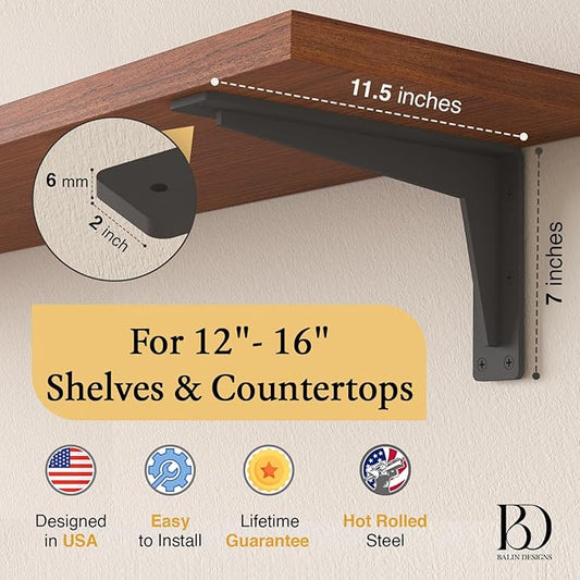 2 Pack Heavy Duty Shelf Brackets 12 Inch Mantel Decorative L Bracket for Shelves, Metal Shelf Support Bracket, Wall Mounted Granite Countertop Iron Corbels, Floating Black Shelving Brackets