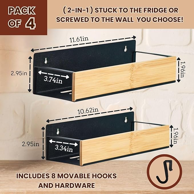 (4 Pack) Magnetic Spice Storage Rack Organizer for Refrigerator and Oven, 4 Strong Magnetic Shelf, Black Fridge Storage, Spice Rack Organizer, Metal-Bamboo