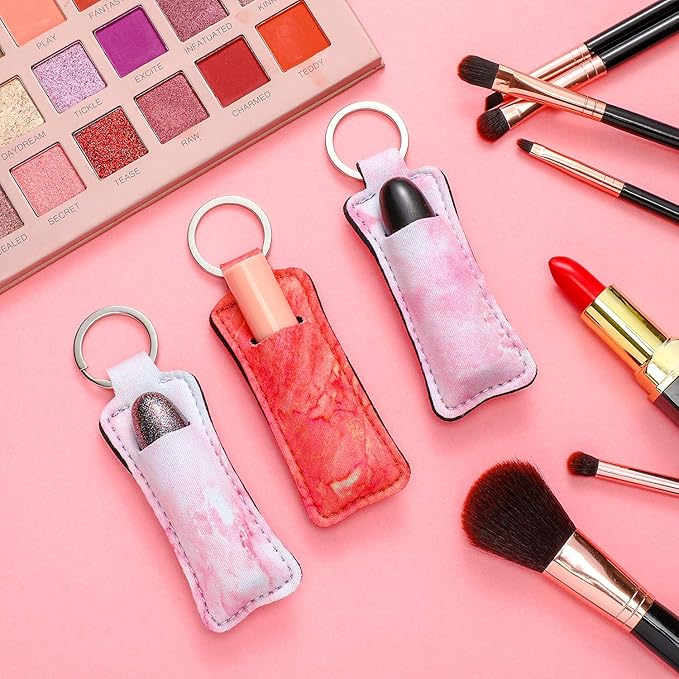 Blulu 10 Pieces Lipstick Holder Keychain Set - Clip-on Sleeve Pouch With Marble Pattern for Travel Accessories, 10 Colors