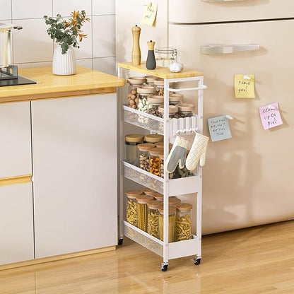 Slim Storage Cart on Wheels, 4 Tier Metal Narrow Rolling Cart with Handle and Wood Top, Multifunctional Small Mobile Shelf Unit Organizer Trolley for Laundry, Bathroom, Kitchen