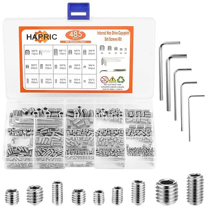 485 Pcs 304 Stainless Steel Set Screws 14 Size Set Screw Assortment Kit M3/M4/M5/M6/M8 Head Socket Hex Metric Cup-Point Screws