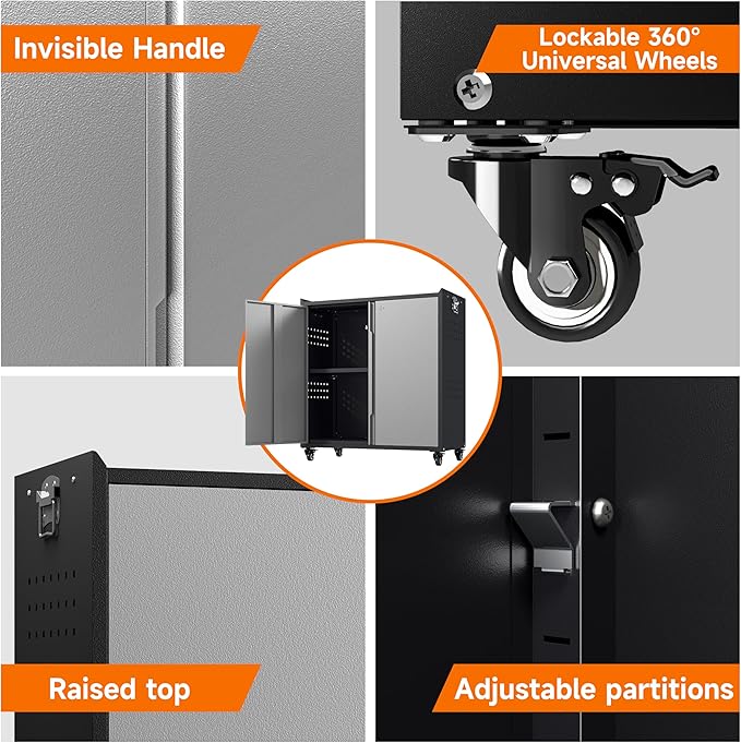 Metal Garage Storage Cabinet with Locking Doors and Adjustable Shelves,34.3" H Small Rolling Tool Storage Cabinet,Lockable Metal Tool Cabinet on Wheels for Garage, Warehouse, Barbershop-Black Gray