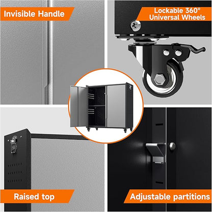 Metal Garage Storage Cabinet with Locking Doors and Adjustable Shelves,34.3" H Small Rolling Tool Storage Cabinet,Lockable Metal Tool Cabinet on Wheels for Garage, Warehouse, Barbershop-Black Gray