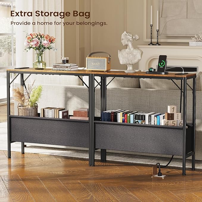 31.5" Console Table, 9.5" D Entryway Table with Power Outlets & USB Ports & Fabric Basket, Narrow Sofa Table for Hallway, Foyer, Living Room, Rustic Brown