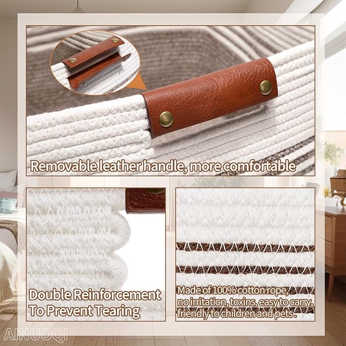 Laundry Hamper - Tall Woven Rope Laundry Basket - Clothes hamper with Leather Handles, 17" X 13.8" X 22", Blanket Storage Basket for Living Room, Rice Brown & White