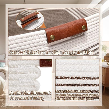 Laundry Hamper - Tall Woven Rope Laundry Basket - Clothes hamper with Leather Handles, 17" X 13.8" X 22", Blanket Storage Basket for Living Room, Rice Brown & White