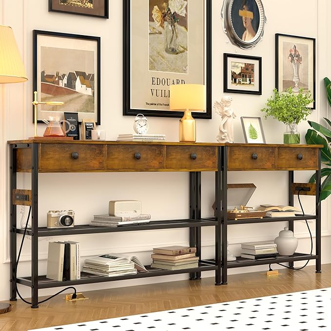 GRLEAF 47" Console Table with Outlets & USB Ports – Narrow Entryway Table with 3 Drawers and Storage Shelves, Power Strip Sofa Table for Living Room, Hallway, Kitchen, Foyer – Rustic Brown Wood Finish