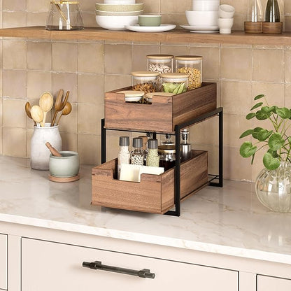 Seville Classics Acacia Wood Premium Organizer Storage Bins for Kitchen Silverware, Pantry, Closet, Office Desk, Pens, Utensils, Makeup, K Cup, Acacia, 2-Tier Bin Set, Black