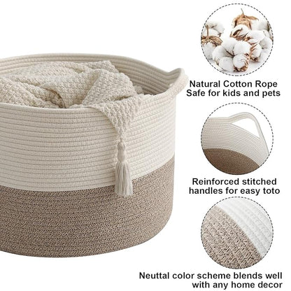 90L Large Blanket Basket,21.7"L x 21.7"W x 13.8"H Rope Woven Baskets with Handles, Toys Storage Bins,Laundry Basket Perfect for Living Room, Nursery,Bedroom,Home Organization,White&Brown