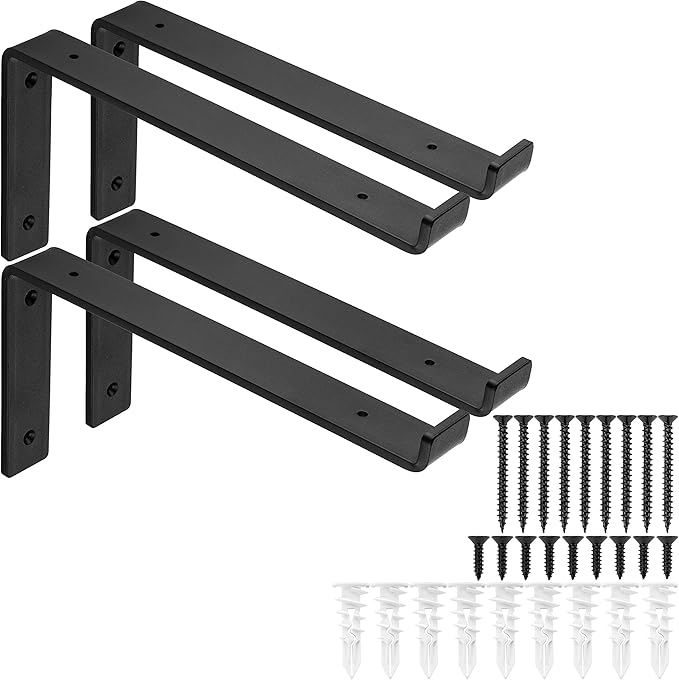 Heavy-Duty Shelf Brackets - Premium Construction Grade 1/4" (6mm) Thick Steel - Matte Black Iron Finish for Modern Farmhouse Rustic Open Shelving w/ Hardware, 4-Pack (L Bracket w/Lip, 11.25"x6")