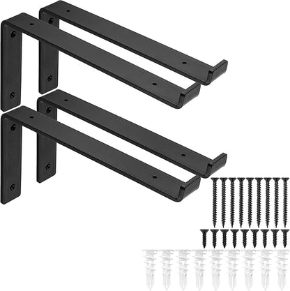 Heavy-Duty Shelf Brackets - Premium Construction Grade 1/4" (6mm) Thick Steel - Matte Black Iron Finish for Modern Farmhouse Rustic Open Shelving w/ Hardware, 4-Pack (L Bracket w/Lip, 11.25"x6")