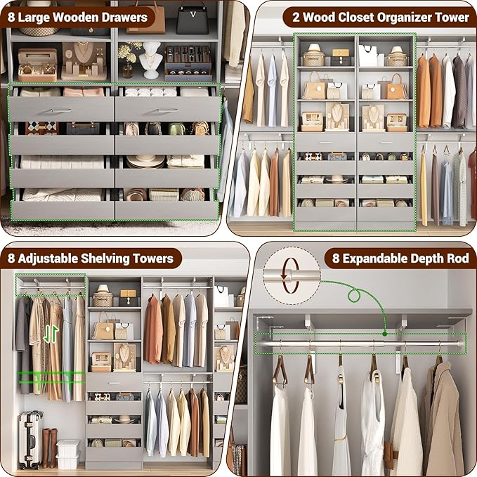 Aheaplus Closet System with Drawers Set of 2, Wood Closet Organizer System with 8 Hanging Rods & Top Shelves, Walk-in Closets Organizer Wardrobe Clothes Rack System, Cut Fits Spaces 4-9FT. Wide, Grey1
