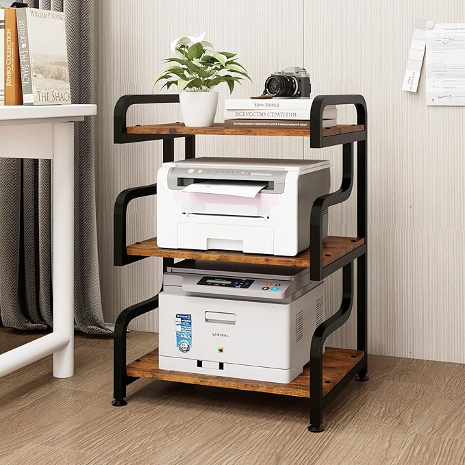 Natwind 3-Tier Printer Stand with Wheels Movable Storage Cart Floor-Standing Multi-Purpose Shelf Rack for Media Player Scanner Files Books Microwave Oven in Kitchen Living Room Home Office (Retro)