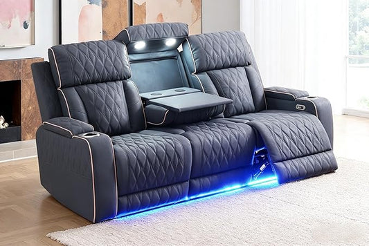 3 Seat Recliner Sofa for Living Room,Living Room Furniture Sets Recling Couch with LED, Blue Grey Leather Power Reclining Sofa with Drop Down Coffee Table,Storage,Matte Leather for Home/Office
