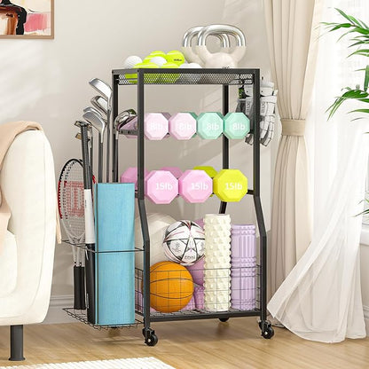 Home Gym Storage Rack, Dumbbell Rack with Yoga Mat Storage, Weight Rack Stand with Lockable Wheels and Hooks, Home Workout Equipment Organizer for Yoga, Dumbbell, Kettlebells, Ball Storage
