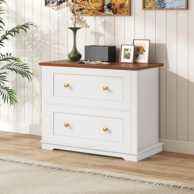2 Drawers Lateral File Cabinet, Farmhouse Wooden Filing Cabinet, Printer Stand for Home Office, Office Storage Cabinet for A4/Letter-Size Hanging Files,White and Walnut FCBA8001