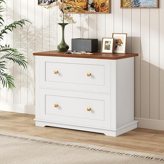 2 Drawers Lateral File Cabinet, Farmhouse Wooden Filing Cabinet, Printer Stand for Home Office, Office Storage Cabinet for A4/Letter-Size Hanging Files,White and Walnut FCBA8001