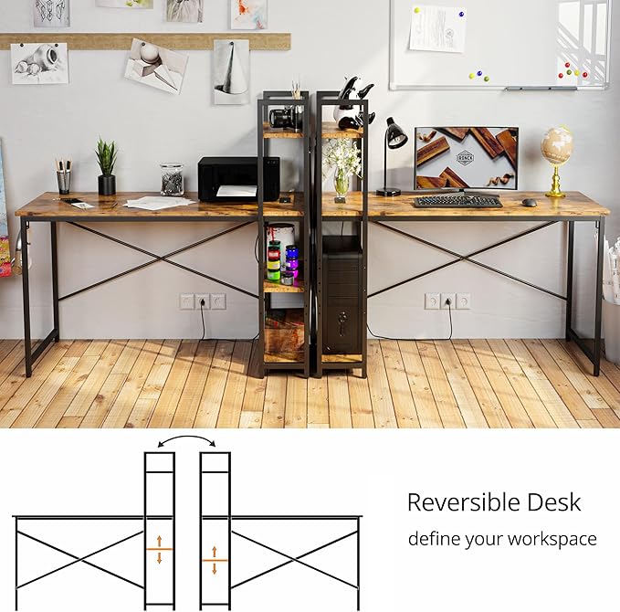 IRONCK Computer Desk 55" with Power Outlet and Storage Shelves, Study Writing Table with USB Ports Charging Station, PC Desk Workstation for Home Office, Rustic Brown
