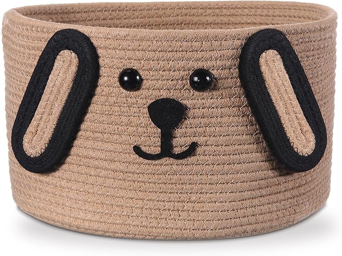 Zopeal Dog Woven Basket, 11.8" D x 6.7" H Cotton Rope Toy Storage Organizer, Dog Mom Gift Empty, Cute Laundry Puppy Gift Animal Basket for Clothes, Towels, Toy, Laundry, Bathroom, Home(Khaki, Black)