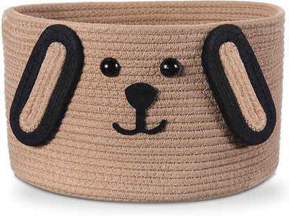 Zopeal Dog Woven Basket, 11.8" D x 6.7" H Cotton Rope Toy Storage Organizer, Dog Mom Gift Empty, Cute Laundry Puppy Gift Animal Basket for Clothes, Towels, Toy, Laundry, Bathroom, Home(Khaki, Black)